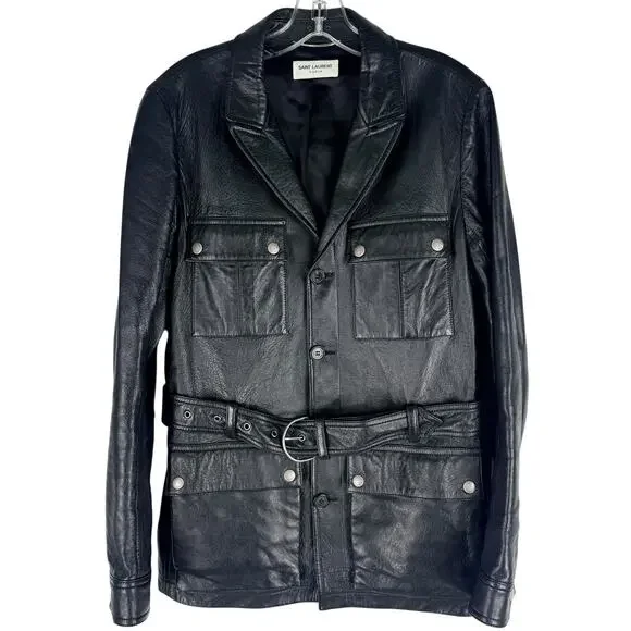 Saint Laurent Saharienne Lambskin Leather Belted Jacket K-Pop Black Mens Size 52 - Picture 2 of 11